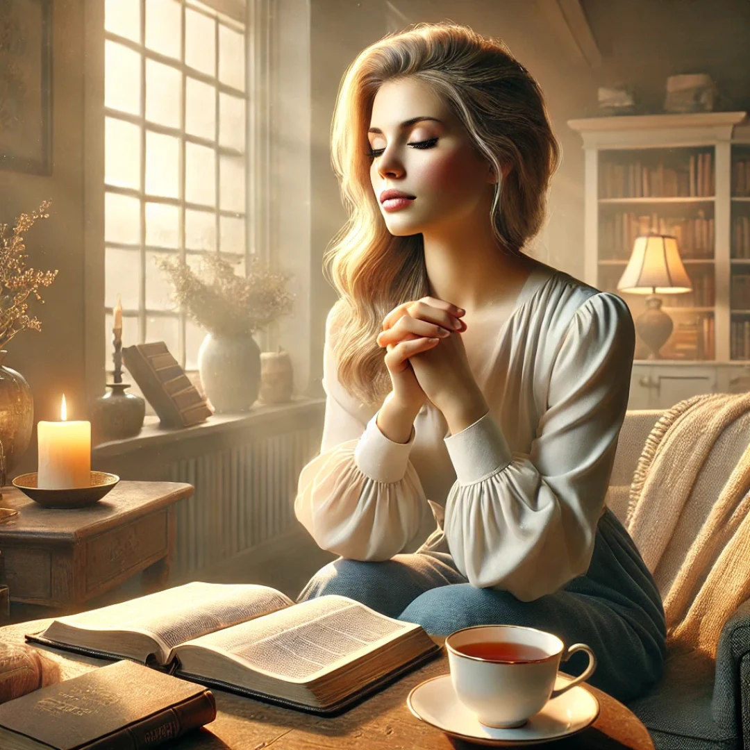 DALL·E 2025-03-21 17.18.50 - A realistic digital painting of a Christian woman sitting in a cozy environment, engaged in prayer and reflection. She has a Bible and an open guided